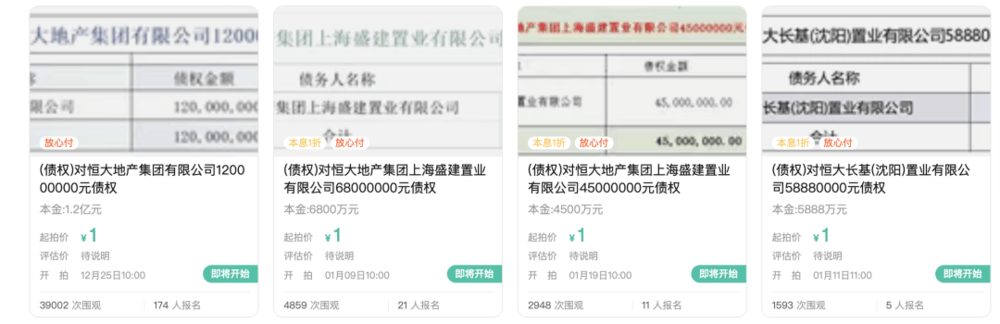 1元起拍<strong></p>
<p>ADA交易</strong>，恒大地产集团1.2亿元债权拍卖参与者众多