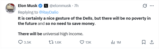 马斯克：AI将创造“全民高收入” 存钱将变得不再必要<strong></p>
<p>虚拟币有公网</strong>！